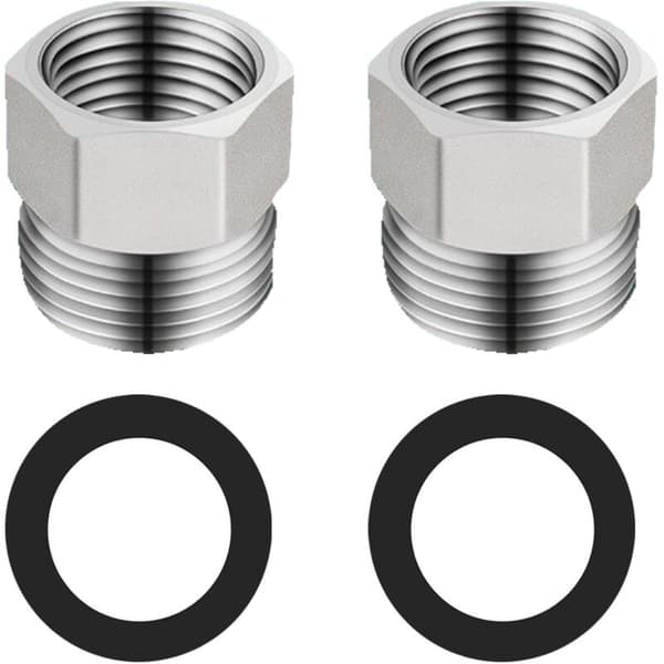 Rund slangekobling. Bruseslange-reduktion. G1/2\" til G3/8\". Rustfrit stål. Krom.
