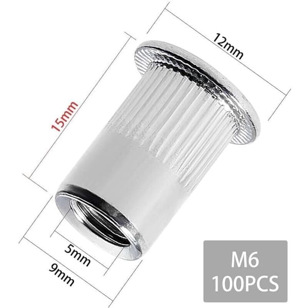 100 Pieces M6 Threaded Rivet Nuts with Flat Head. Stainless Steel Threaded Rivet Nuts. Assorted Threaded Inserts for Metal and Plastic (12mm × 15mm)