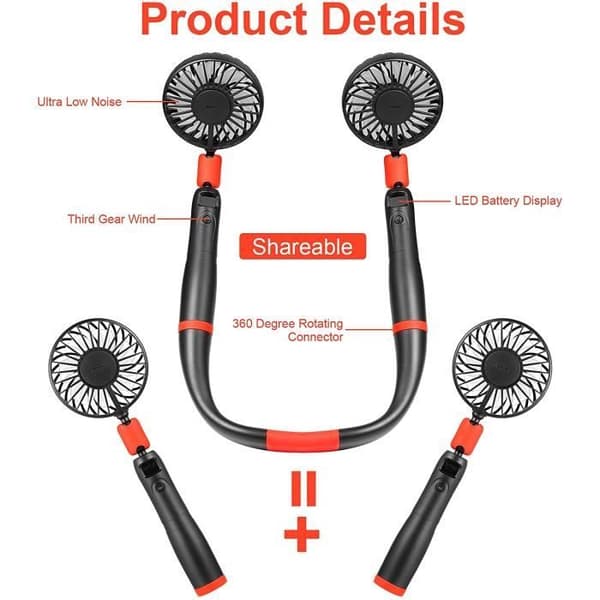 2-i-1 Ventilator, Sort - USB Genopladelig - 3 Hastigheder - LED Display