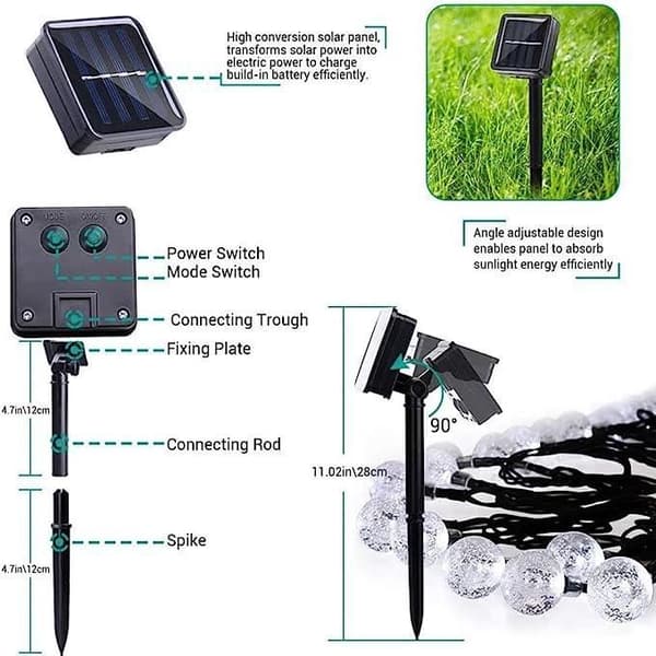 30 LED lyslenke - Solcelledrevet - 6,5M - Varmhvit - 8 moduser