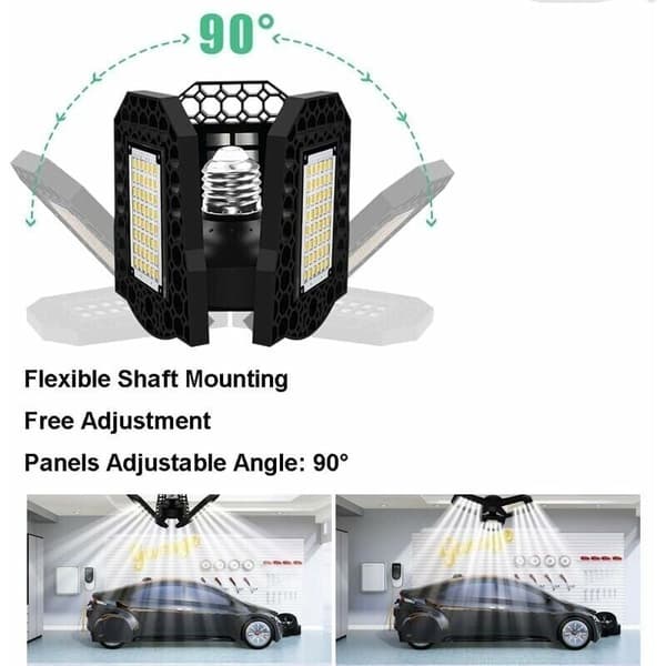 60W LED Garage Lighting. LED Ceiling Light. E27 Deformable Ceiling Lamp with 3 Adjustable Panels. Cool White. For Garage, Workshop, Warehouse, Basement, Hall, Stadium