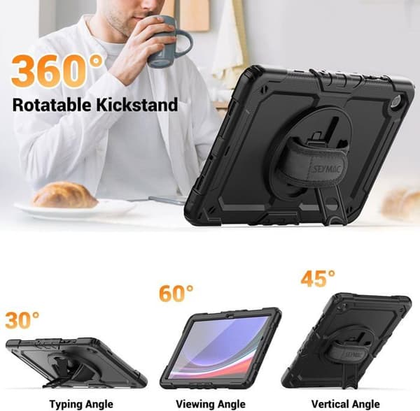 Etui til Galaxy Tab A9 Plus - SEYMAC - 2023 - 360° roterende stativ - Justerbar håndleddsstropp - Pennholder