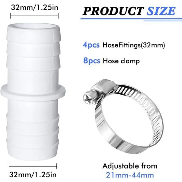 32 mm til 32 mm rørfitting - 4 stk. - Slangeklemmer - Assorterede farver