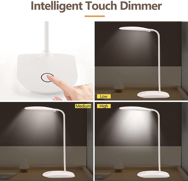 Rechargeable LED Table Lamp with Dimmer and Flexible Base, White