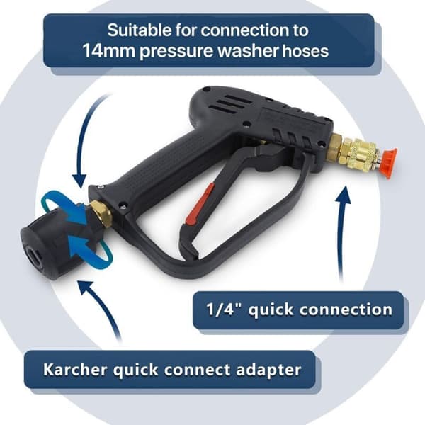 Højtryksrenserpistol. 4000 PSI. M22 (14 mm) interface og Kärcher quick-connect interface med 5 vanddyse-tilbehør til bilvask.