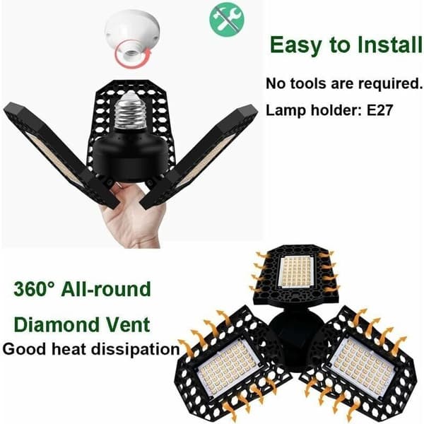 60W LED Garage Lighting. LED Ceiling Light. E27 Deformable Ceiling Lamp with 3 Adjustable Panels. Cool White. For Garage, Workshop, Warehouse, Basement, Hall, Stadium