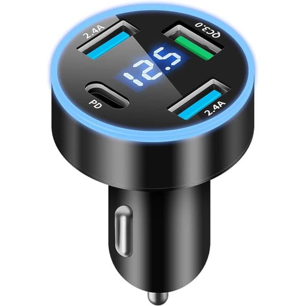 Raske USB-C billaderporter. 50W QC3.0 & PD USB billaderadapter med LED-voltmeter for iPhone, Android og Samsung.