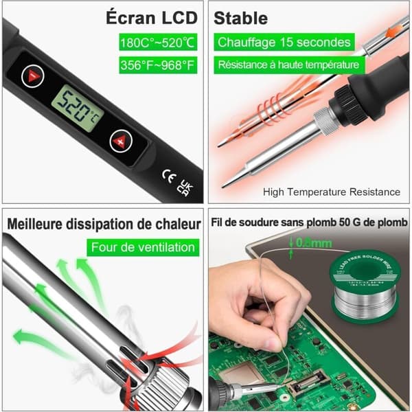 Soldering Iron Kit 80W Adjustable Temperature 180-500C Precision Electronics with ON/OFF Switch. 5 Soldering Tips. Pump