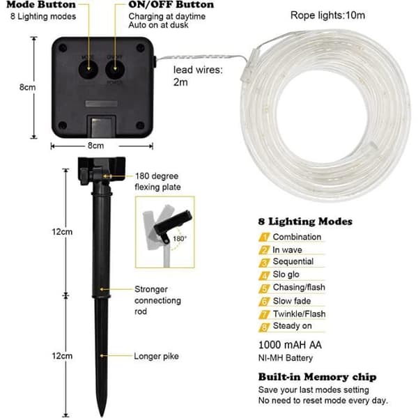 10m ljusslinga - varmvit LED - soldriven - vattentät