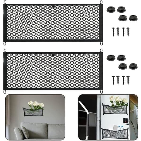 2 overdimensionerede 60x25 cm opbevaringsnet til bil, autocamper, båd, justerbar elastisk netpose med skruer