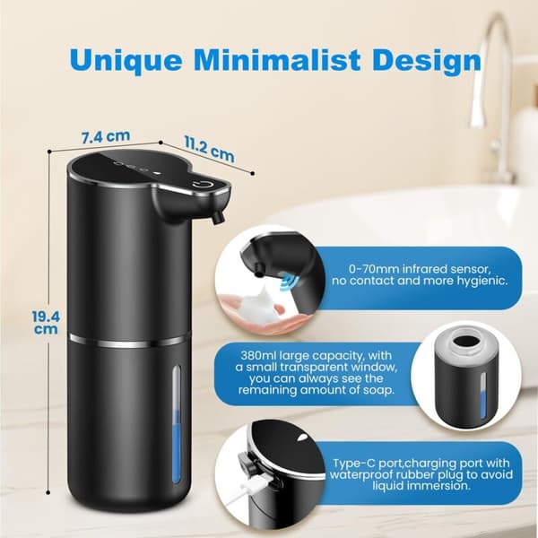 Automatic soap dispenser. Foam soap dispenser. Wall-mounted. Touchless soap dispenser with sensor. 4 adjustable levels. Black. For kitchen. Bathroom. School.