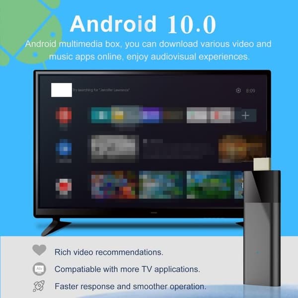4K Android TV Stick - Android 10.0 - 4K Ultra HD - Dual-band Wi-Fi - BT 5.2 - Stemmefjernkontroll - 2 GB RAM