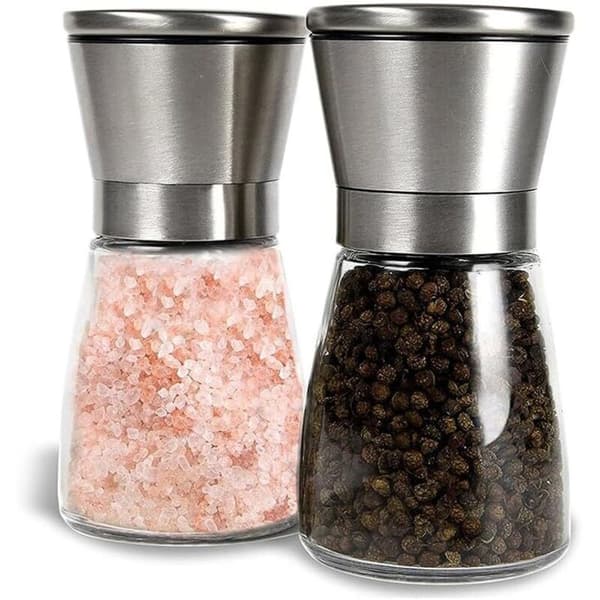 Sæt med 4 salt- og peberkværne, originalt rustfrit stål, kobberbørstet rustfrit stål og glaskrop, krydderikværne - 160 ml