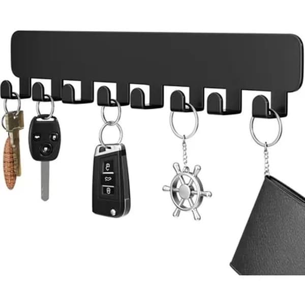 Nøgleholder til vægmontering uden boring, 8 sorte metalkroge, selvklæbende bagside til entré, køkken, badeværelse, 32 cm