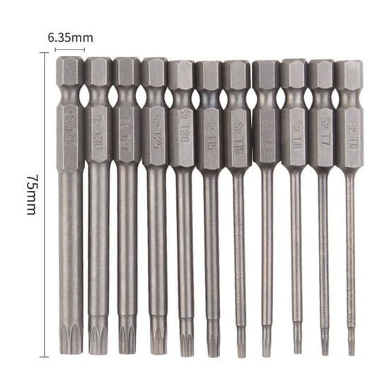 Torx Skruvmejselbits, Set om 11 - S2 Stål - 75 mm - Magnetiska