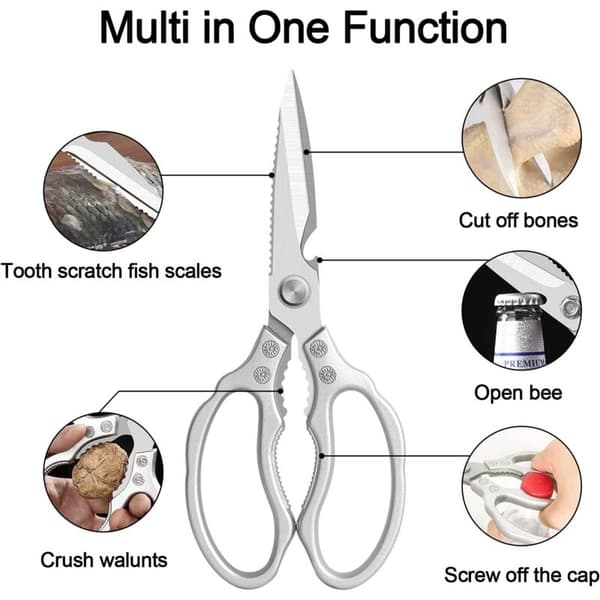 Kitchen Shears. Heavy Duty Kitchen Scissors. Sharp. Multifunctional Stainless Steel Scissors for Chicken, Poultry, Fish, Meat, Vegetables, Herbs. Silver.