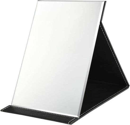 Sammenfoldeligt bordsspejl 15 x 21 cm med makeupspejl i syntetisk læder, foldbart spejl med stativ, sort