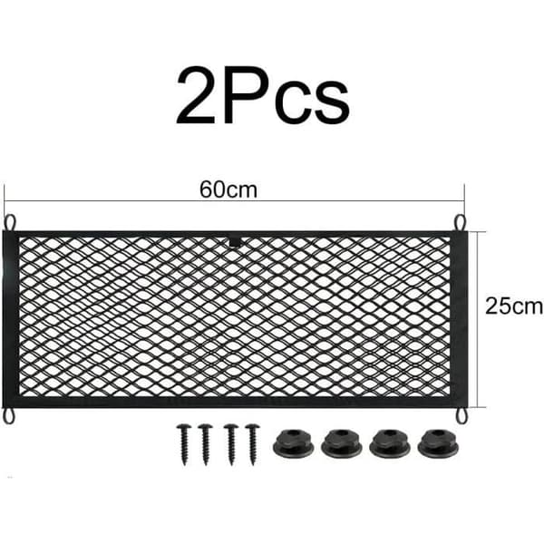 2 overdimensionerede 60x25 cm opbevaringsnet til bil, autocamper, båd, justerbar elastisk netpose med skruer