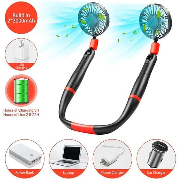 2-i-1 Ventilator, Sort - USB Genopladelig - 3 Hastigheder - LED Display