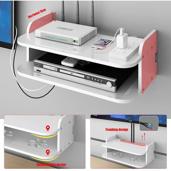 Wall-mounted storage box for multimedia TV routers, cable boxes, routers, remote controls, game consoles, and TV components.