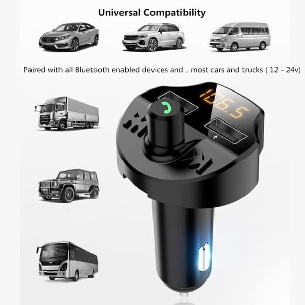 Bluetooth 5.0 FM-sändare Biladapter - Handsfree-samtal - Dubbla USB-portar - Svart