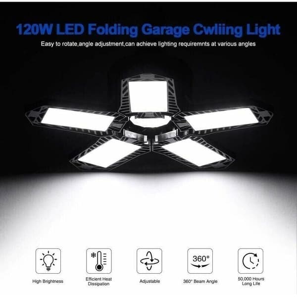 120W 12000lm LED Ceiling Light - 6500K Daylight - E26/E27 Compatible - Quick, Tool-Free Installation - For Garages and Warehouses