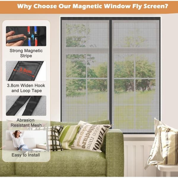 Magnetic Window Screen. 100x130 cm Magnetic Window Screen with Precise Mesh. No Drilling Required. Quiet, Automatically Closing Magnetic Window Screen