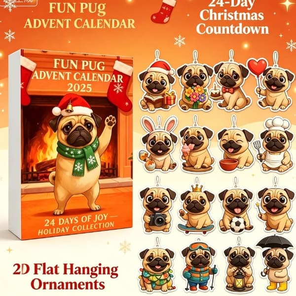 Morsom Mops Julekalender 2026, 24-dagers nedtelling til jul med 2D flate mops-hundeheng