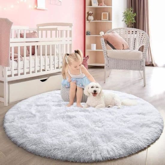 Rund Shaggy Teppe - 100x100cm - Hvit - Sklisikkert