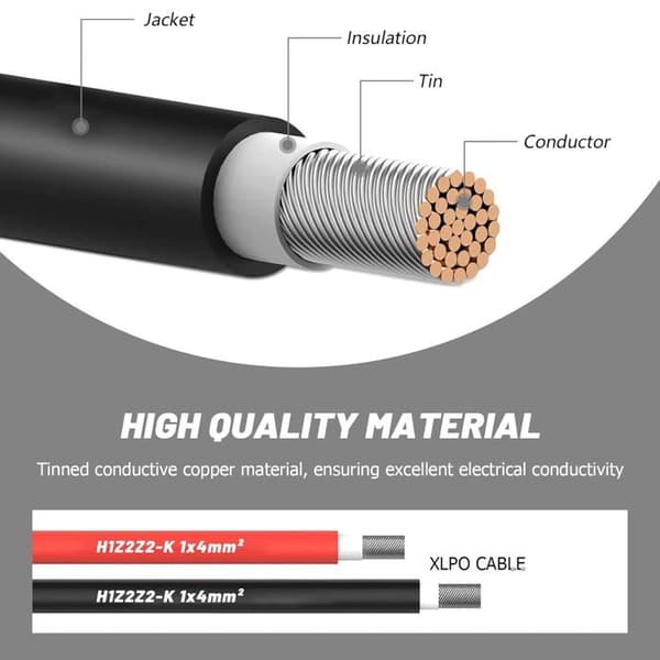 Fotovoltaisk solcellekabel - 4 mm² - Forlengelseskabel 1m til 10m - UV-bestandig - VDE-sertifisert - Solcellekontakter