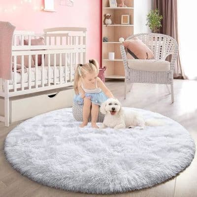 Rund Shaggy Teppe - 100x100cm - Hvit - Sklisikkert