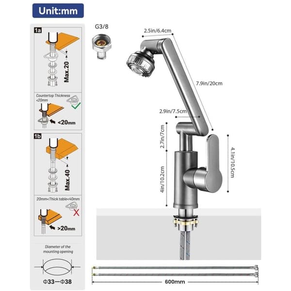 Foldable Kitchen Faucet – 1080° Rotation – Stainless Steel – 2 Flow Modes – Under-Window Installation