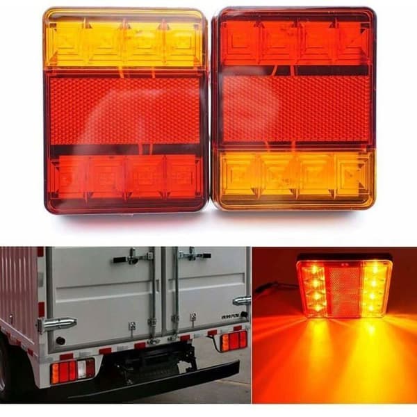 2 STK Vanntette LED Baklys, 8 LED, Rød/Gul, 12V for Lastebil, Tilhenger, Båt, Advarsel