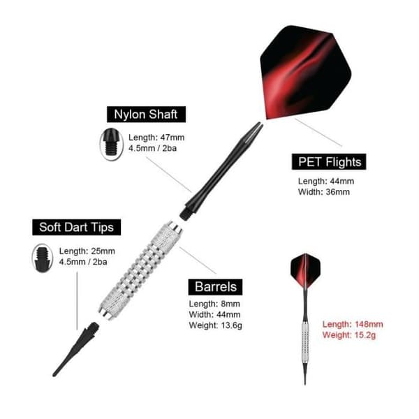 Blød spids dart sæt - 12 pile - Plastik spids - 100 point - 42 fjer