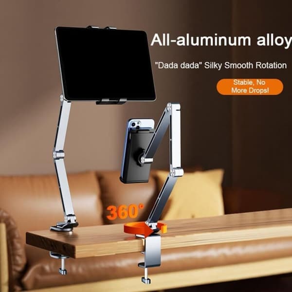 Solid metallstativ for mobiltelefon/nettbrett. Fleksibelt og uttrekkbart sammenleggbart stativ. Universelt \"Lazy\"-stativ i aluminiumslegering