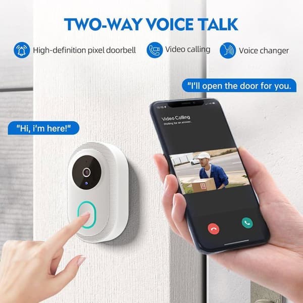 Trådlös Wi-Fi-videodörrklocka, HD-kamera, rött larm, säkerhet, Wi-Fi-intercom för smarta hem, dörrklocka, vit