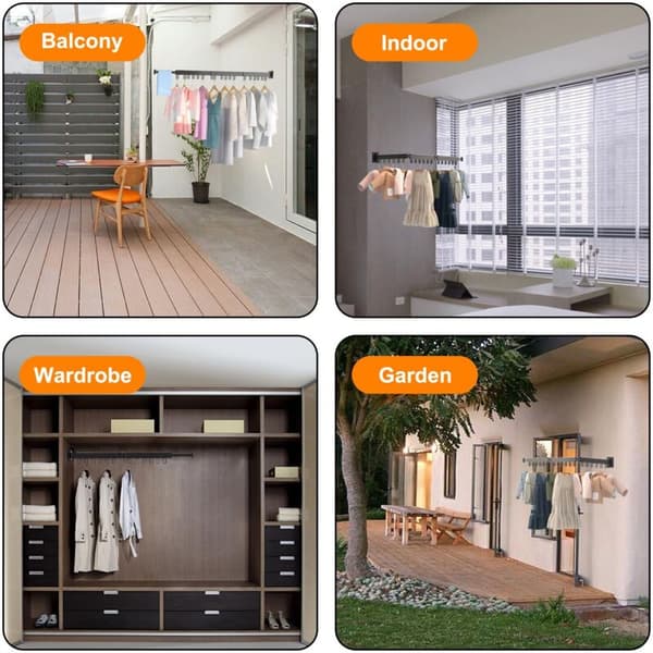 360° Retractable Rotating Drying Rack for Balcony, Laundry Room, Bathroom, Bedroom (Black, Three-Fold)