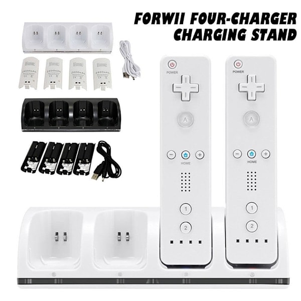 4-i-1 Laddningsstation för Wii & Wii U Fjärrkontroll, Laddare med 4 Uppladdningsbara Batteripaket, 4-Portars Laddningsstation + 4st 2800mAh Rep black 1pcs