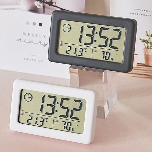 1x LCD Digital Temperatur- och Luftfuktighetsmätare Klocka Hemtermometer white One-size