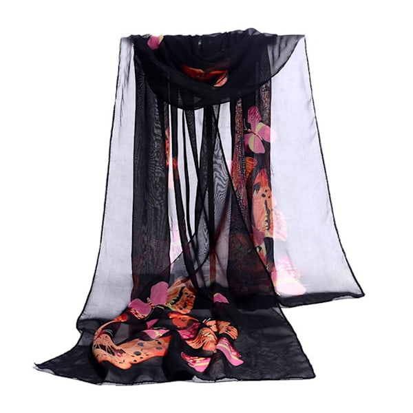 Lång chiffonsjal för damer med fjärils- och blomstermönster, mjuk sjal, siden Ladi A7V8 Black 1pcs