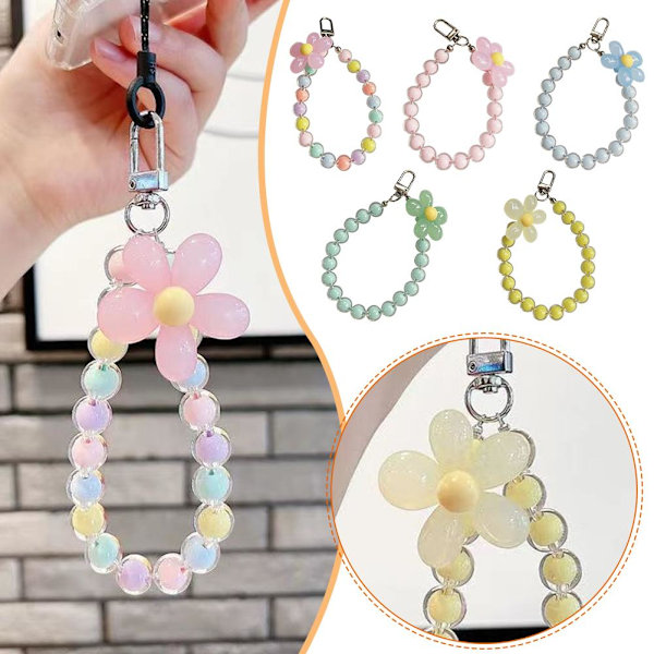 Handledsrem Telefon Lanyard Pärlor Telefonkedja Mobiltelefonrem Mobilkedja J9M4 Colorful pearl pink flower 1set