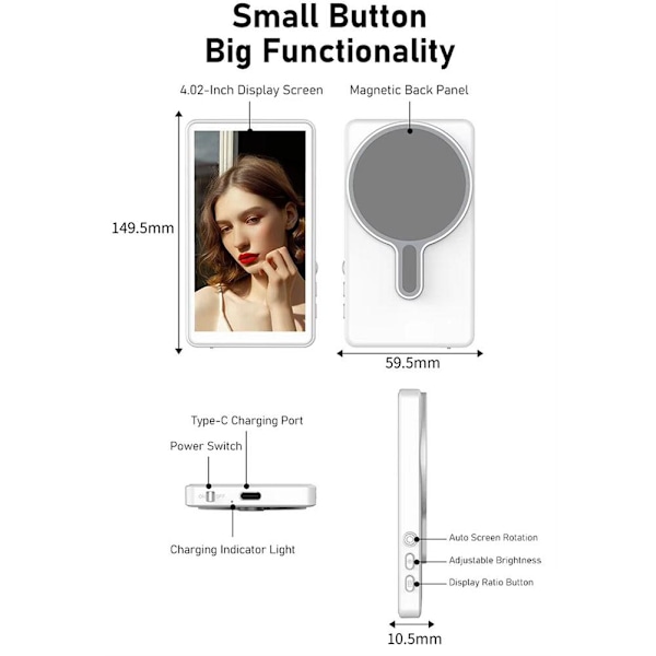 Magnetisk Trådlös Selfie-skärm – 4\" Bakre Kameravy för iPhone & Android, Portabel Selfie-display för Vloggning, Livestreaming White 1 pcs