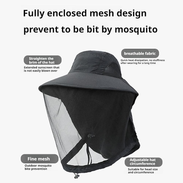 Fiskehatt för utomhusbruk med meshmask, myggsäker, solskydd, ventilerande' Black 1pc