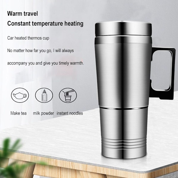 12V/24V Bil Värmekopp Vattenkokare 450ml Stål Kaffe Elektrisk Kopp Snabb~ SilverA 12V