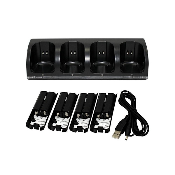 4-i-1 Laddningsstation för Wii & Wii U Fjärrkontroll, Laddare med 4 Uppladdningsbara Batteripaket, 4-Portars Laddningsstation + 4st 2800mAh Rep black 1pcs