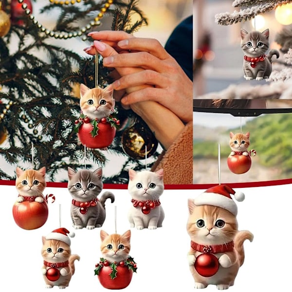 2024 Kattprydnad för Julgran, Julkatt med Tomteluvor Hängande Hänge, Akrylhänge 2D Julkatt Prydnader, Julgran 5 1pcs