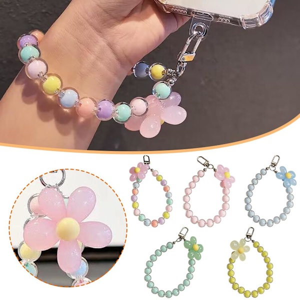 Handledsrem Telefon Lanyard Pärlor Telefonkedja Mobiltelefonrem Mobilkedja J9M4 Colorful pearl pink flower 1set