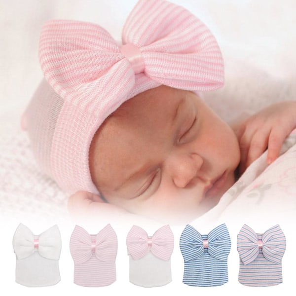Vår Sommar Stor Rosett Randig Babyhatt Enfärgad Baby Pojkar Flickor Mössa För Nyfödd Turban W0p7 White Pink  One size