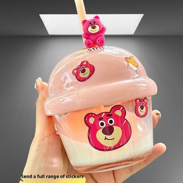 Mini Tecknad Björn Söt Ins Bärbar Glas Vattenkopp Dun Dun Kopp Med Sugrör Glas Dunking Kopp F6k3 Pink 210ml