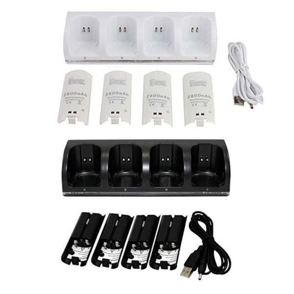 4-i-1 Laddningsstation för Wii & Wii U Fjärrkontroll, Laddare med 4 Uppladdningsbara Batteripaket, 4-Portars Laddningsstation + 4st 2800mAh Rep white 1pcs
